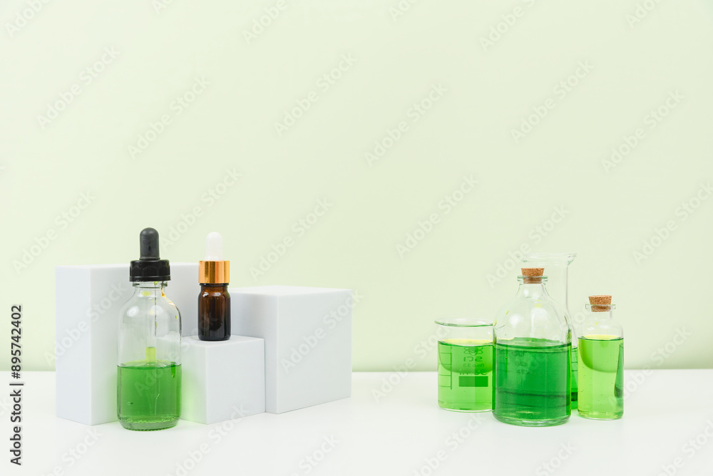 Natural Green Skincare Products With Herbal Leaves in Laboratory Natural Green Skincare Products With Herbal Leaves in Laboratory