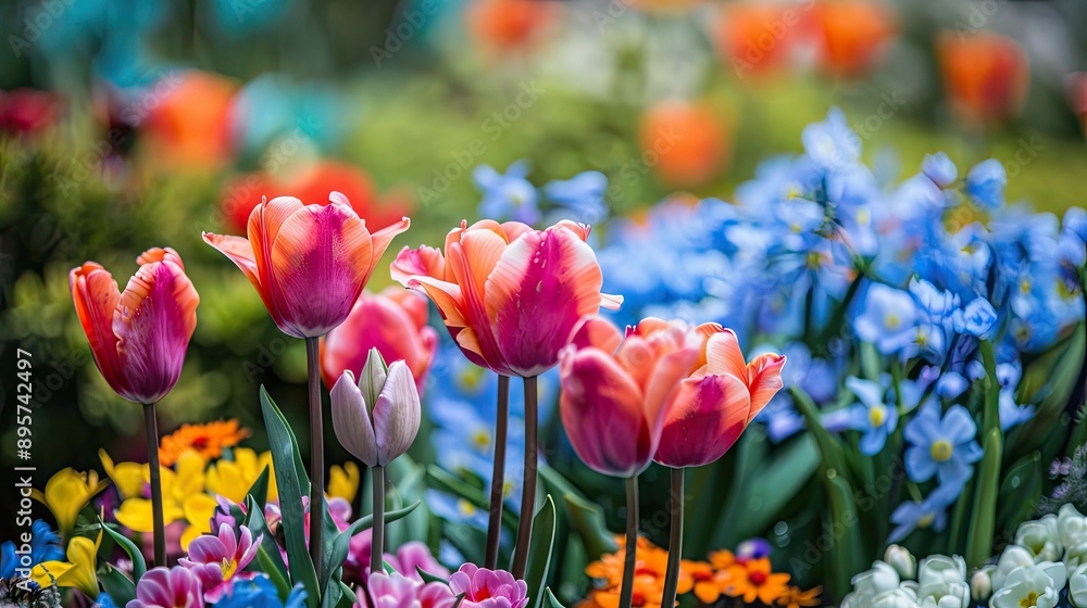 Spring flower garden with a mix of bright and colorful blooms Spring flower garden with a mix of bright and colorful blooms