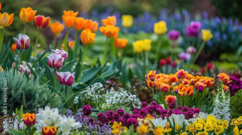 Springtime garden bursting with a variety of blooming flowers and plants Springtime garden bursting with a variety of blooming flowers and plants