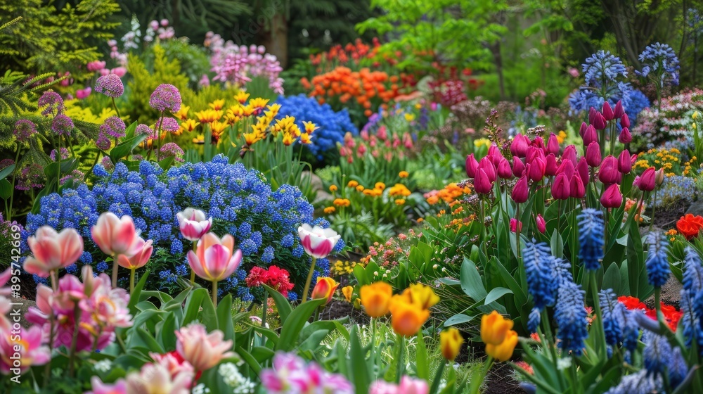 Springtime garden bursting with a rainbow of blooming flowers and green foliage Springtime garden bursting with a rainbow of blooming flowers and green foliage