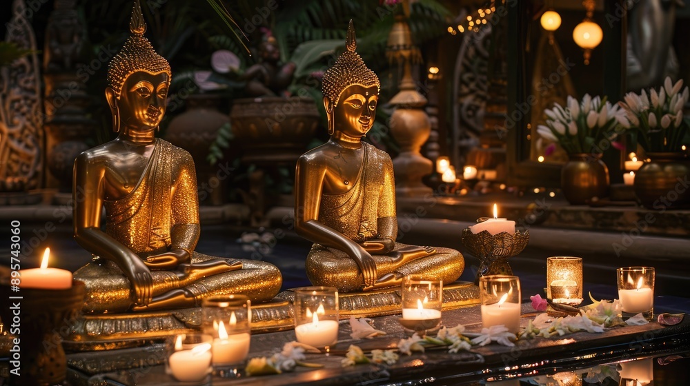 Thai altar table with gold-leafed Buddha statues, lit candles, and decorative elements, captured in a serene setting Thai altar table with gold-leafed Buddha statues, lit candles, and decorative elements, captured in a serene setting