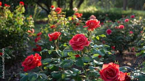 Sunlit red rose garden with vibrant green foliage and blooming roses