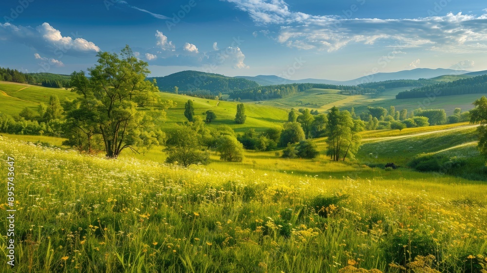 Wide rural landscape with lush meadows and tree-covered hills on a warm summer morning Wide rural landscape with lush meadows and tree-covered hills on a warm summer morning