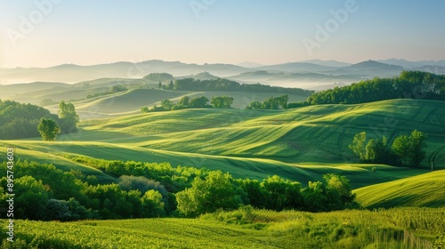 Wide rural landscape with lush green fields and forested hills under a clear morning sky