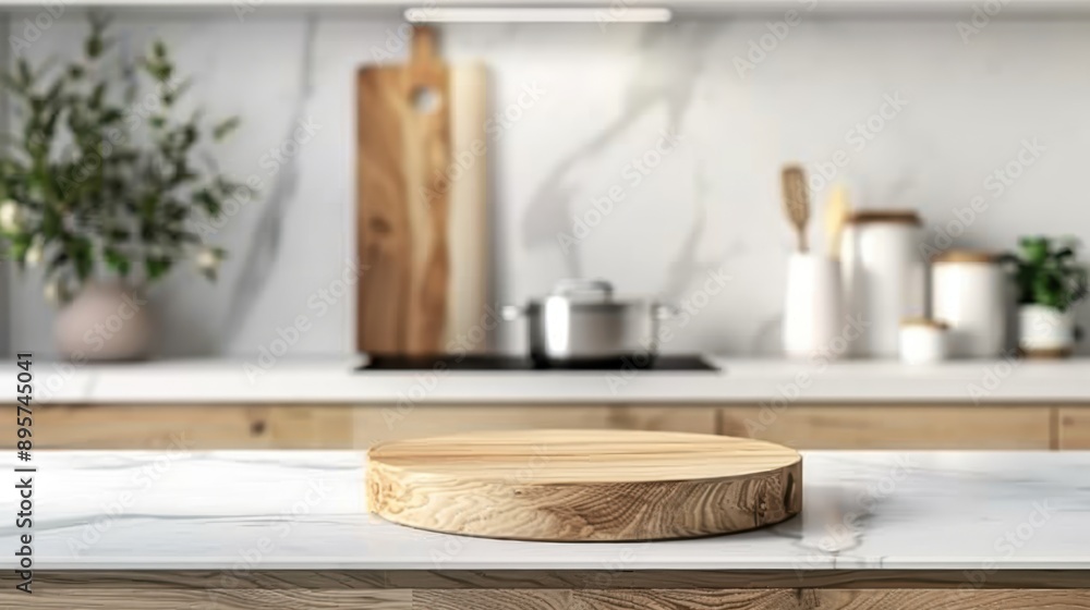 Wooden podium on a white marble countertop, ideal for showcasing food products in a bright and sophisticated kitchen setting Wooden podium on a white marble countertop, ideal for showcasing food products in a bright and sophisticated kitchen setting