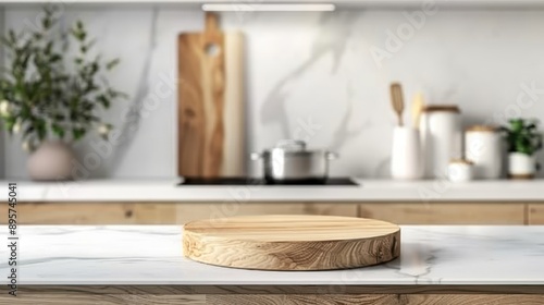 Wooden podium on a white marble countertop, ideal for showcasing food products in a bright and sophisticated kitchen setting © sknab