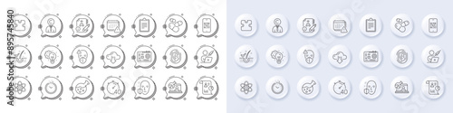 Timer, Copyrighter and Puzzle line icons. White pin 3d buttons, chat bubbles icons. Pack of Medical mask, Algorithm, Motherboard icon. Vector