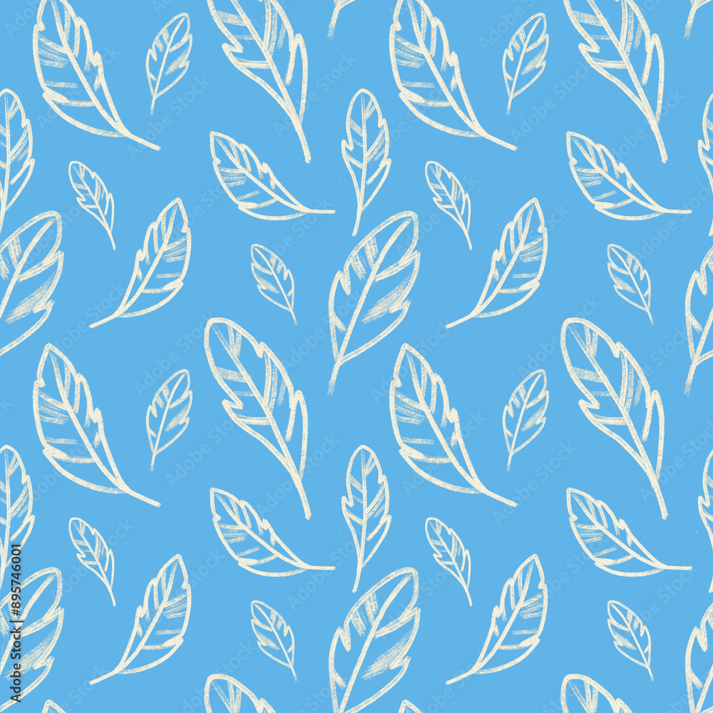 Seamless texture with birds, feathers and dots, various small elements, in blue cream and brown colors. Seamless texture with birds, feathers and dots, various small elements, in blue cream and brown colors.