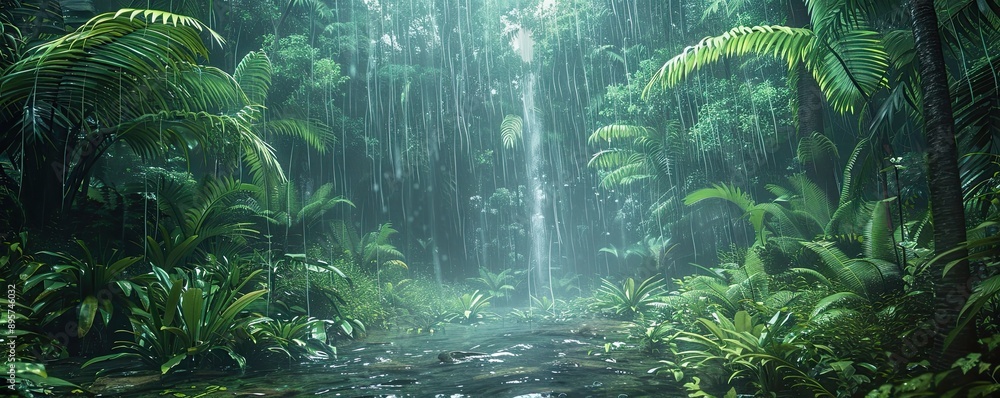 Lush tropical rainforest with a cascading waterfall surrounded by dense foliage and greenery, creating a serene and natural atmosphere. Lush tropical rainforest with a cascading waterfall surrounded by dense foliage and greenery, creating a serene and natural atmosphere.
