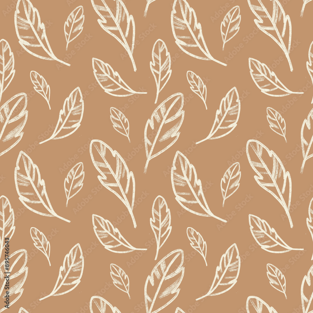 Fototapeta premium Seamless texture with birds, feathers and dots, various small elements, in blue cream and brown colors.