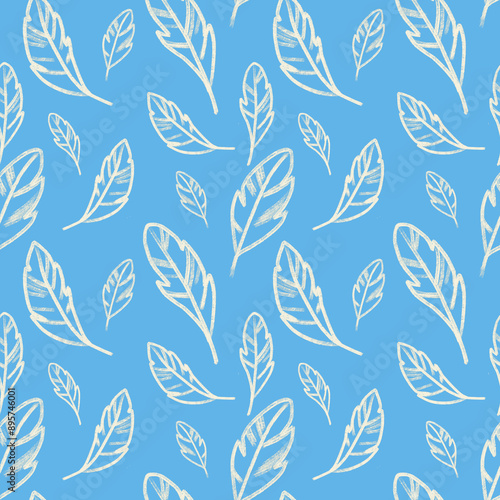 Seamless texture with birds, feathers and dots, various small elements, in blue cream and brown colors.