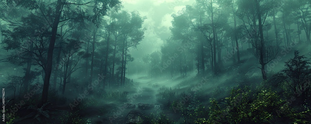 Naklejka premium Dense forest shrouded in mist, creating a mysterious and serene ambiance. Lush greenery and fog blend seamlessly to evoke a dreamy atmosphere.