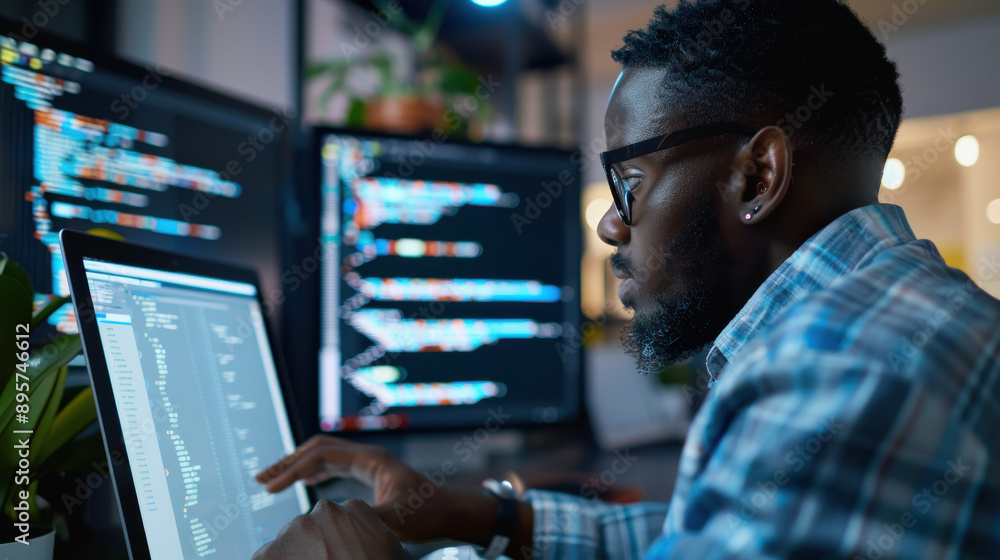 An advanced technology BIPOC professional coding on a tablet to visualize neural networks in augmented reality, applying AI for sophisticated data handling An advanced technology BIPOC professional coding on a tablet to visualize neural networks in augmented reality, applying AI for sophisticated data handling
