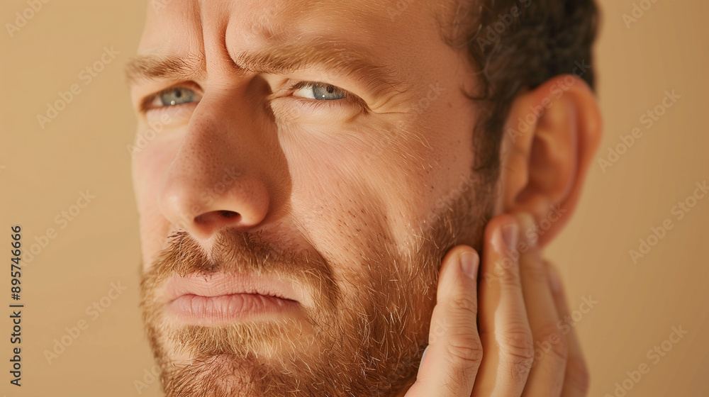 Fototapeta premium expressing pain with hand on cheek, indicating toothache or dental pain, against a plain background.