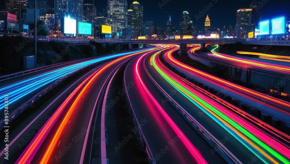 A long exposure photograph of city lights creating colorful streaks, representing speed, technology, and vibrant urban life in a futuristic setting. A long exposure photograph of city lights creating colorful streaks, representing speed, technology, and vibrant urban life in a futuristic setting.