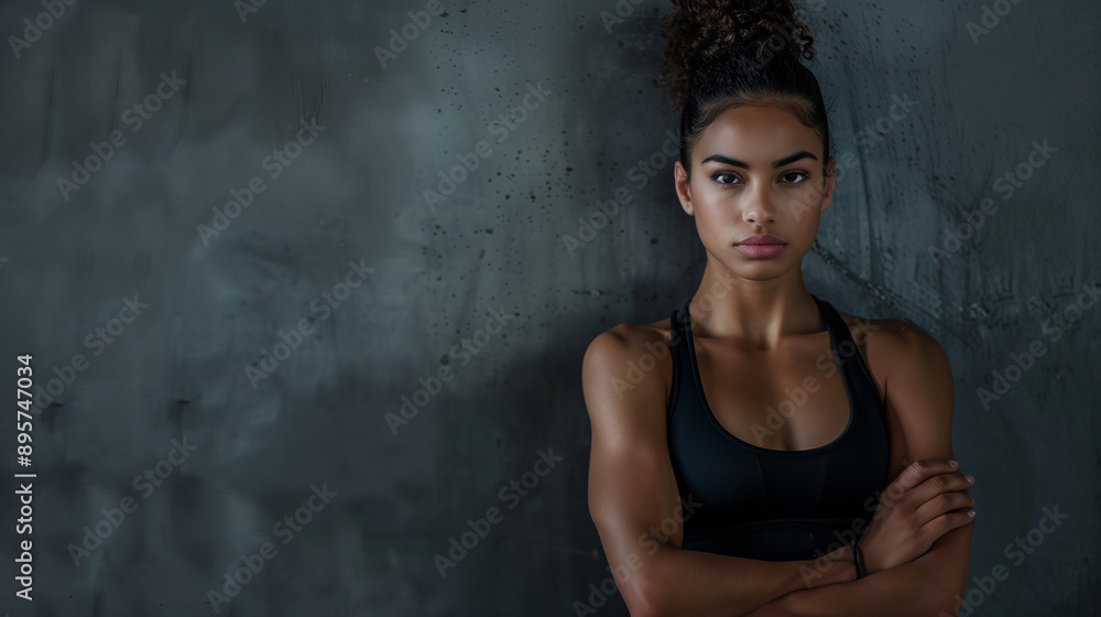 Fototapeta premium Portrait of a confident young woman with arms crossed, standing against a gray background. She wears a sports tank top, exuding fitness and strength.