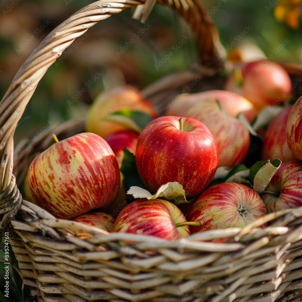 A basket filled with freshly harvested apples, showcasing vibrant colors and natural texture. AI generated image. A basket filled with freshly harvested apples, showcasing vibrant colors and natural texture. AI generated image.