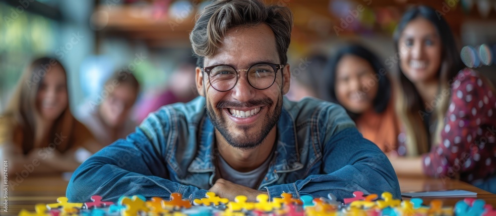 Man Smiling at the Camera With Puzzle Pieces in Front Man Smiling at the Camera With Puzzle Pieces in Front
