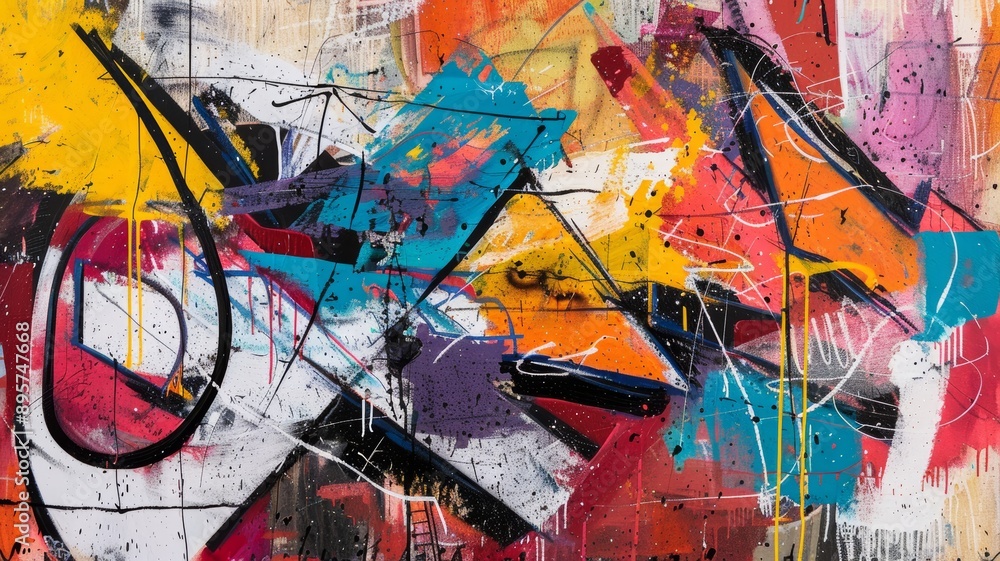 Fototapeta premium Abstract painting featuring a vibrant and dynamic composition of bold colors and geometric shapes
