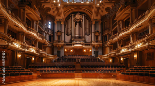 An empty, majestic concert hall featuring a grand organ illuminated by warm golden light, showcasing opulent architectural details and an inviting ambiance.