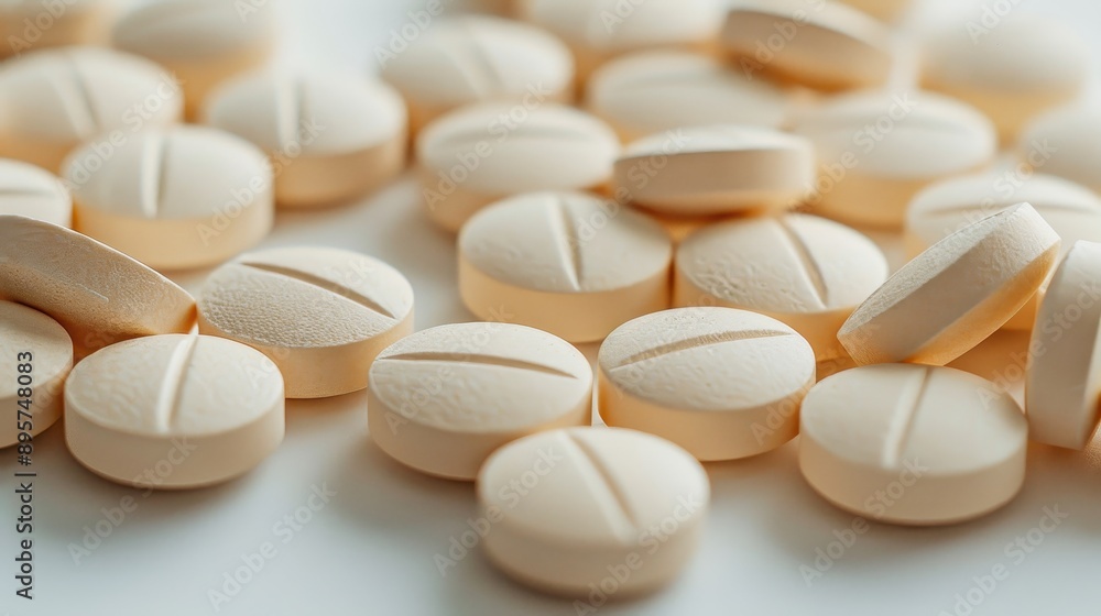 Closeup view of white medicine tablets healthcare and pharmaceutical concept Closeup view of white medicine tablets healthcare and pharmaceutical concept