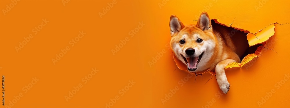 Dynamic Image of a Shiba Inu Dog Bursting or Breaking Through a Orange Wall. Creative Design Banner with Blank Copyspace for Custom Advertising and Messaging Dynamic Image of a Shiba Inu Dog Bursting or Breaking Through a Orange Wall. Creative Design Banner with Blank Copyspace for Custom Advertising and Messaging