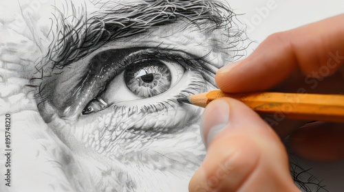 Closeup of hand drawing realistic eye with pencil detail on paper photo