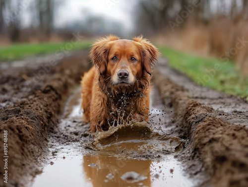 A Chesapeake Bay Retriever dog is splashing in a muddy puddle on a dirt path, with water droplets flying around The background is blurred, showing a natural outdoor setting