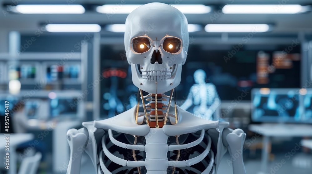A detailed view of a realistic human skeleton model with glowing eyes, set in a futuristic lab environment. A detailed view of a realistic human skeleton model with glowing eyes, set in a futuristic lab environment.