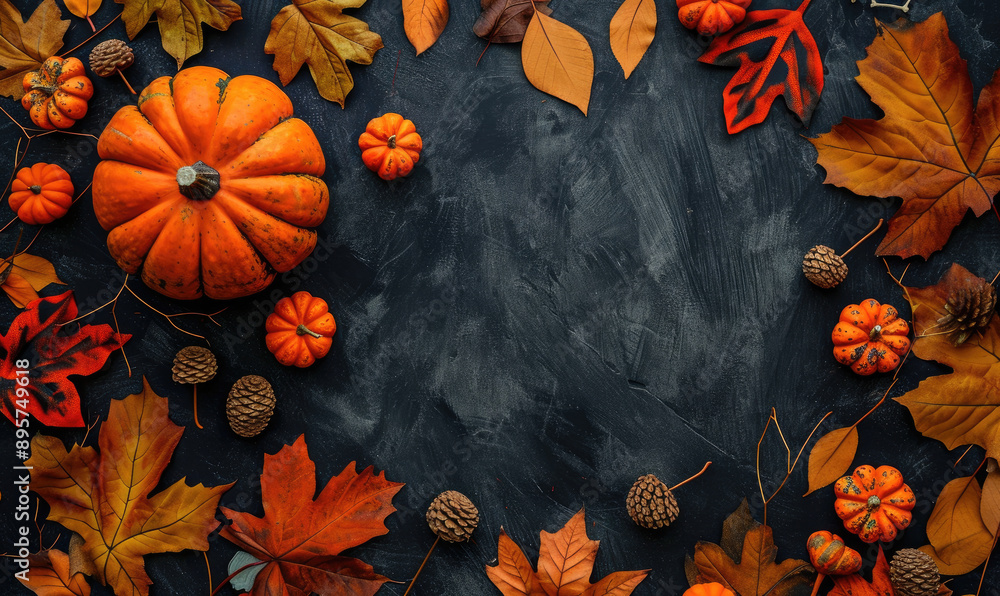 Thanksgiving and Autumn decoration concept made from autumn leaves and pumpkin on dark background. Flat lay, top view with copy space Thanksgiving and Autumn decoration concept made from autumn leaves and pumpkin on dark background. Flat lay, top view with copy space