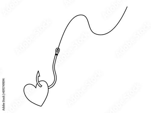 Hand drawn cute outline illustration heart on hook with fishing line. Flat vector falling in love line art doodle. Abusive relationships.Perfect match icon. Romantic codependent feelings. Isolated.