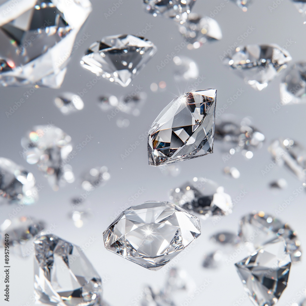 sparkling clear cubic zirconia stones suspended in mid-air, reflecting light with a metallic sheen against a pristine white backdrop, creating an illusion of floating diamonds in a celestial display. sparkling clear cubic zirconia stones suspended in mid-air, reflecting light with a metallic sheen against a pristine white backdrop, creating an illusion of floating diamonds in a celestial display.