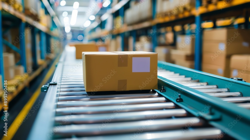 A cardboard box on a conveyor belt in a modern warehouse, showcasing packaging, shipping, and logistics in an industrial setting. A cardboard box on a conveyor belt in a modern warehouse, showcasing packaging, shipping, and logistics in an industrial setting.
