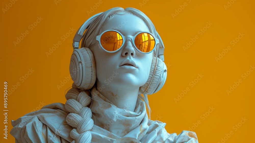 White stone bust of a woman wearing headphones and sunglasses listening to music