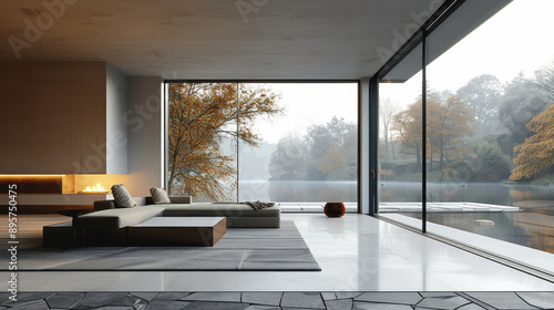 Fototapeta Naklejka Na Ścianę i Meble -  Modern minimalist living room with scenic lake view through large glass windows