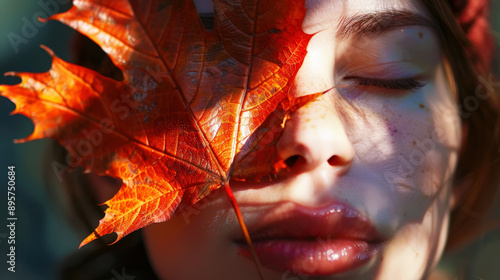 Close-up of beautiful woman's face, half of face is closed by red maple leaf, autumn vibrant colors. Generative AI photo