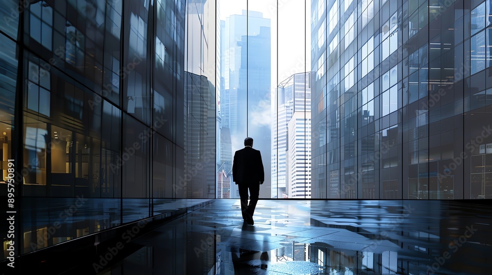 A lone businessman walks through a modern cityscape of tall glass buildings, reflecting ambition and corporate life. A lone businessman walks through a modern cityscape of tall glass buildings, reflecting ambition and corporate life.