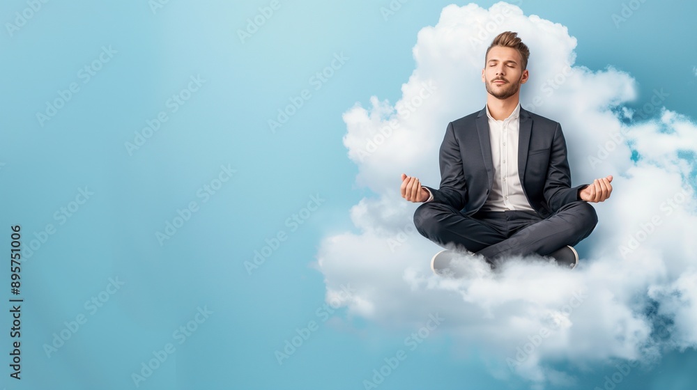 Businessman in suit meditates on cloud floating against bright blue sky image. Calmness and inner peace photography scene wallpaper. Business resilience concept photorealistic photo Businessman in suit meditates on cloud floating against bright blue sky image. Calmness and inner peace photography scene wallpaper. Business resilience concept photorealistic photo