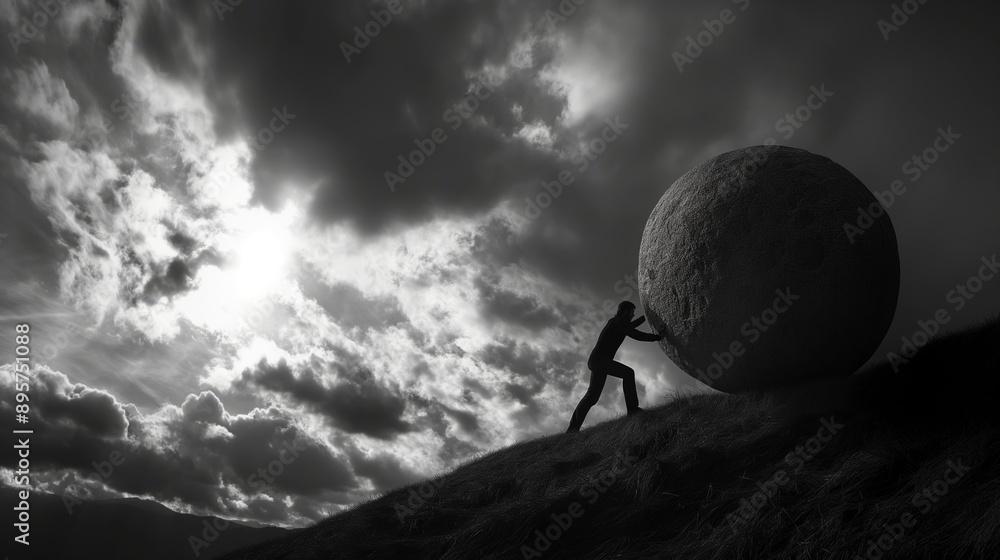 Lone figure struggles to push massive spherical rock uphill image. Relentless effort against formidable odds photography scene wallpaper. Sisyphus resilience concept photorealistic photo
