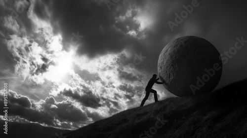 Obraz na płótnie Lone figure struggles to push massive spherical rock uphill image. Relentless effort against formidable odds photography scene wallpaper. Sisyphus resilience concept photorealistic photo w salonie