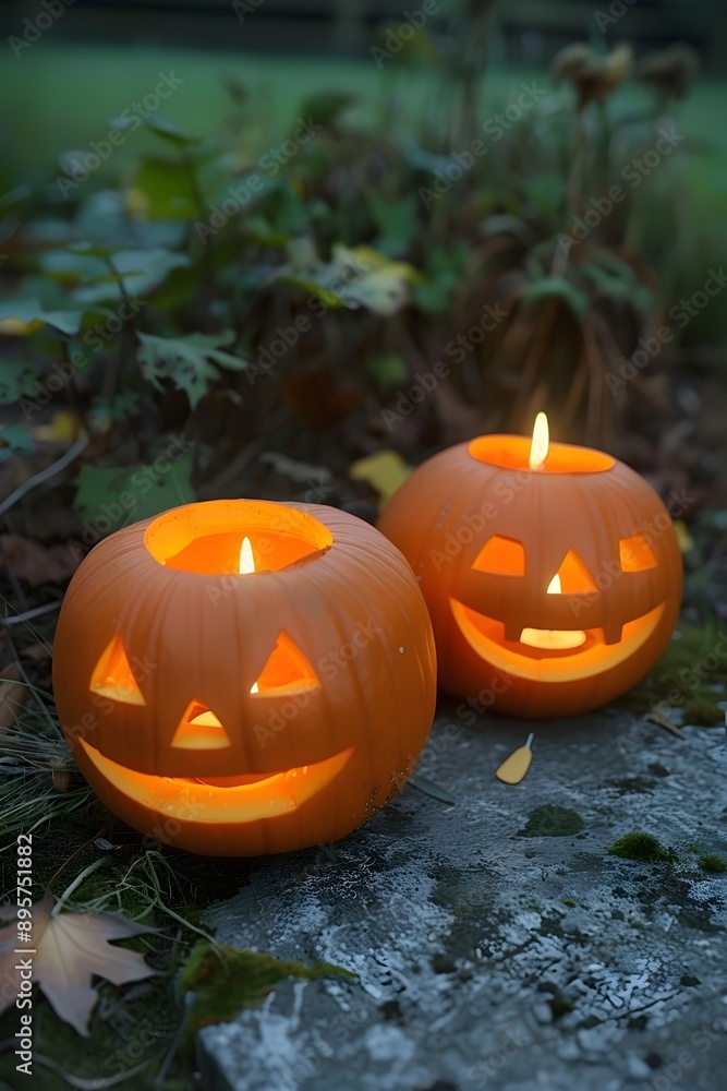 Glowing Jack-o'-Lanterns on an Autumn Evening: Two Carved Pumpkins with Candles in a Garden Setting Glowing Jack-o'-Lanterns on an Autumn Evening: Two Carved Pumpkins with Candles in a Garden Setting