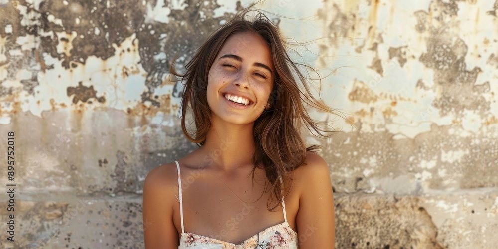 Smiling woman enjoying a sunny day at the beach with a windswept hairstyle. Smiling woman enjoying a sunny day at the beach with a windswept hairstyle.