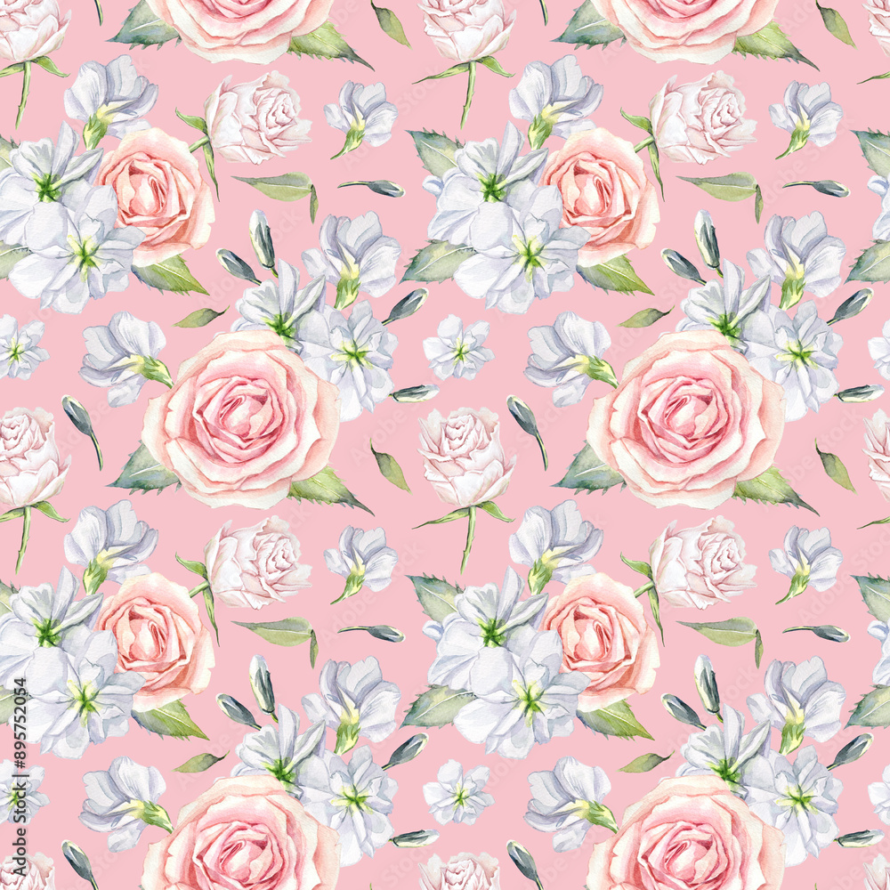 Flower watercolor pattern with hand-painted illustrations of pink roses, rose leaves, and a white matthiola on a light pink background. Flower watercolor pattern with hand-painted illustrations of pink roses, rose leaves, and a white matthiola on a light pink background.