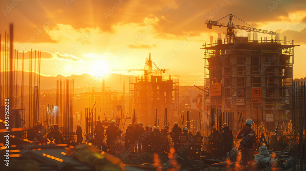 Construction site at sunset with workers silhouetted against the sky, cranes and buildings in the background. Construction site at sunset with workers silhouetted against the sky, cranes and buildings in the background.