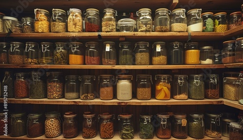 Wallpaper Mural Organized pantry shelf with diverse ingredients in glass jars  perfect for home storage and kitchen organization Torontodigital.ca