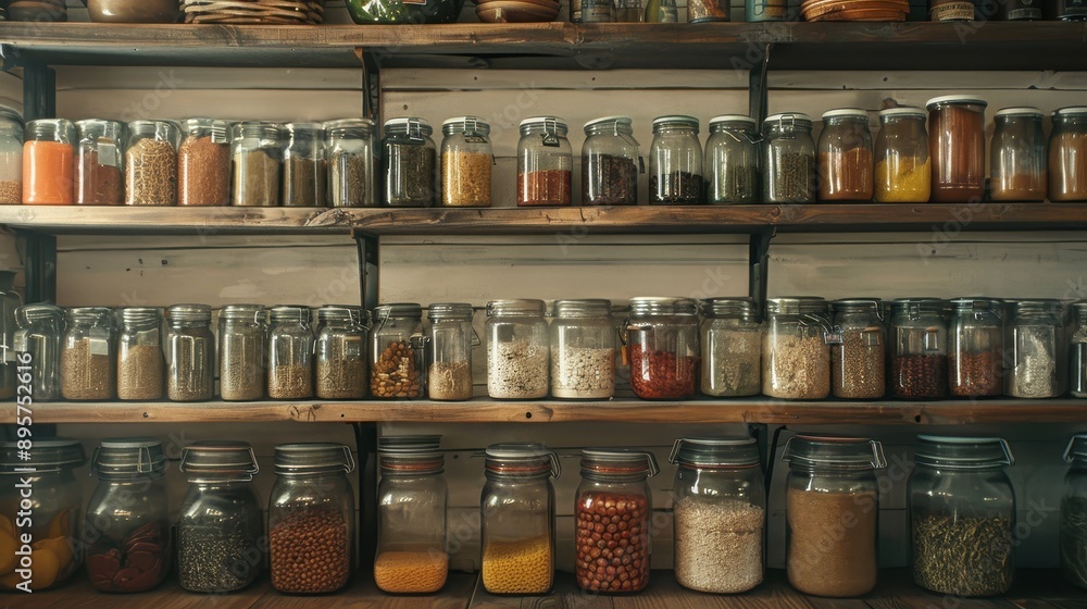 Rustic pantry shelf with assortment of glass jars containing spices and grains in kitchen Rustic pantry shelf with assortment of glass jars containing spices and grains in kitchen