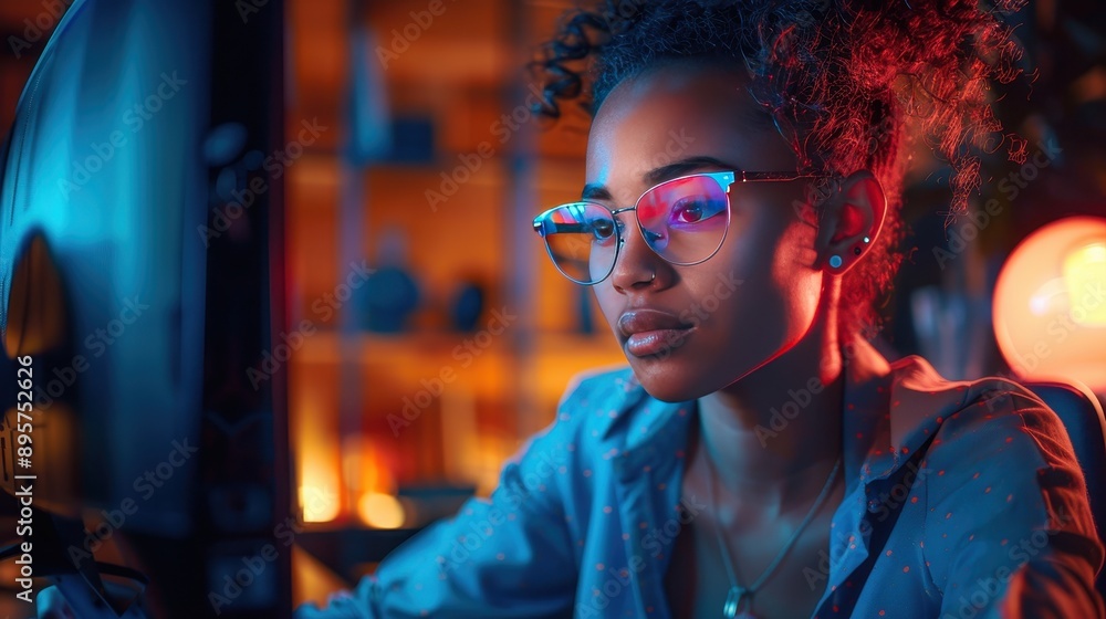 Focused young woman working late at computer in modern office with ambient lighting Focused young woman working late at computer in modern office with ambient lighting
