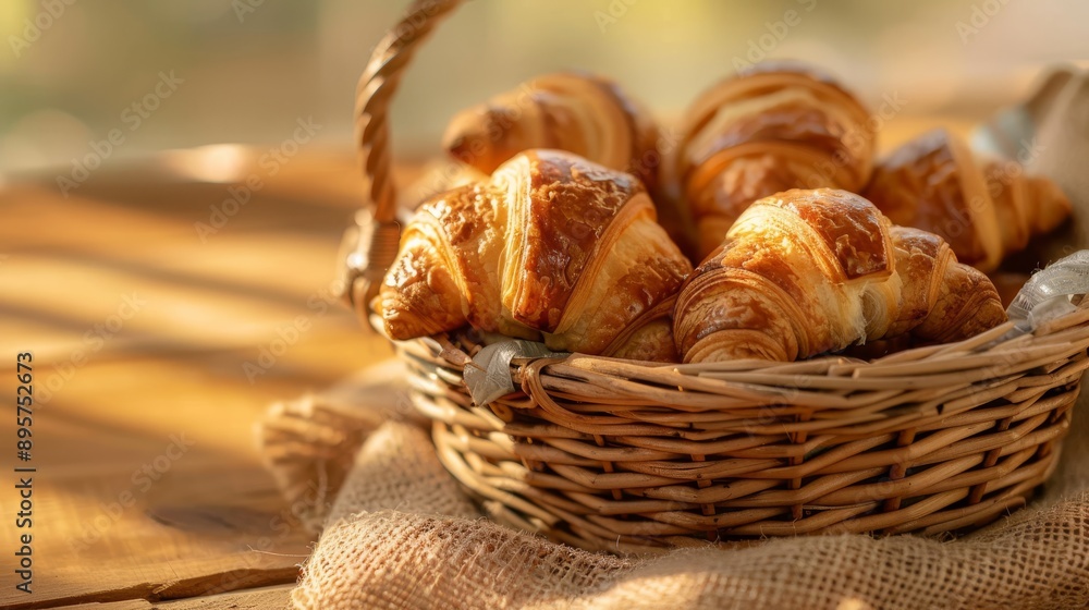 Fresh croissants in a basket: delicious baked goods up close on a fuzzy light brown background Fresh croissants in a basket: delicious baked goods up close on a fuzzy light brown background