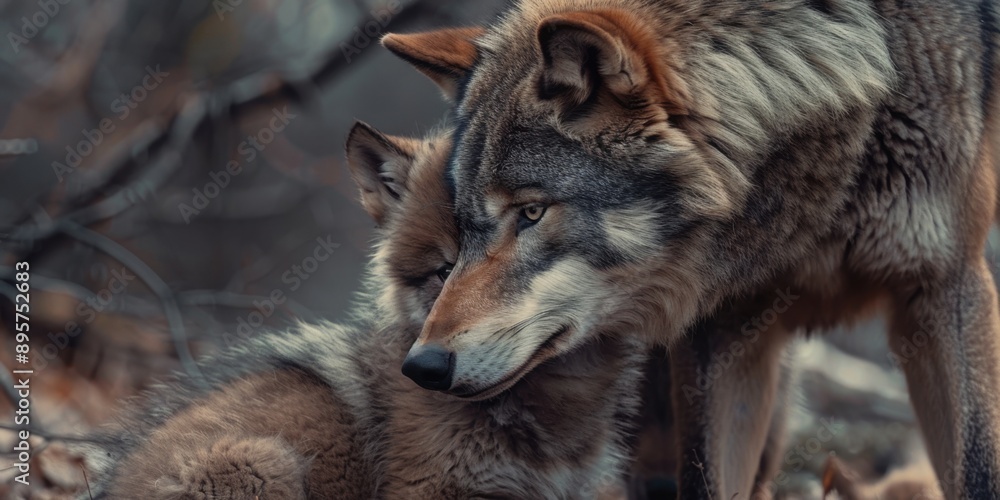 Naklejka premium A tender moment between a mother wolf and her young as they walk through the forest, highlighting the strong bonds within wolf families.