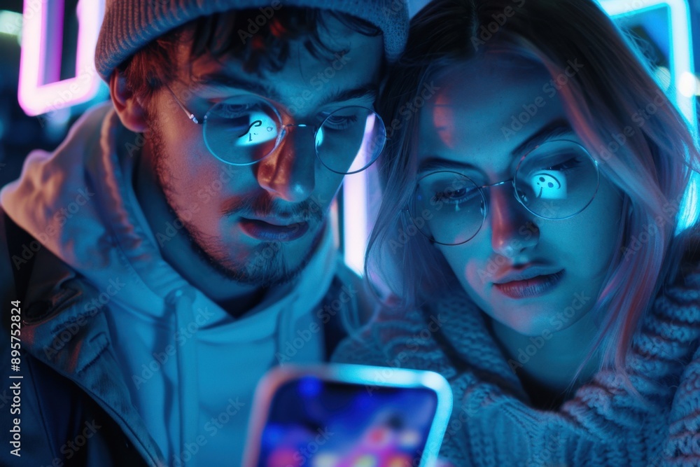 A man and woman using their phones in a neon-lit urban setting, focusing on digital screens. Youthful, casual attire. A man and woman using their phones in a neon-lit urban setting, focusing on digital screens. Youthful, casual attire.